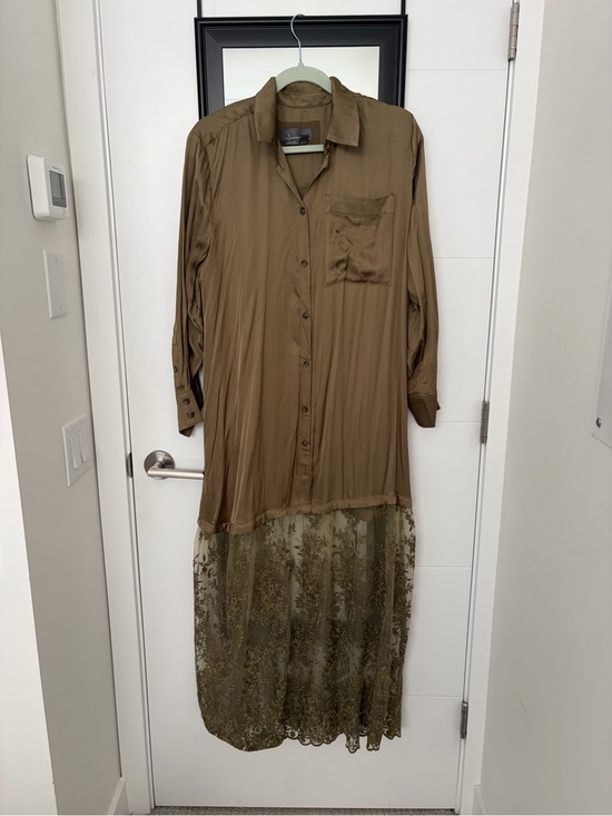 Anthropologie Dresses & Skirts - Long Button-Up Shirt Dress with Lace Hem - Olive color